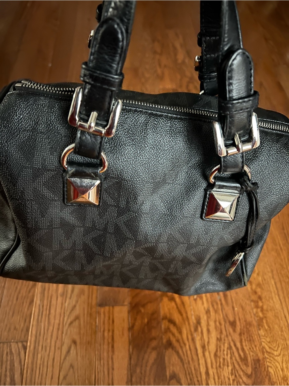 Michael Kors Black Logo Satchel with Silver Hardware bowling bag